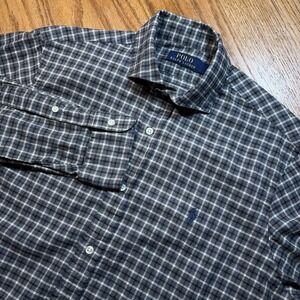 Polo Ralph Lauren Shirt Men's Medium Gray Plaid Button Up Long Sleeve